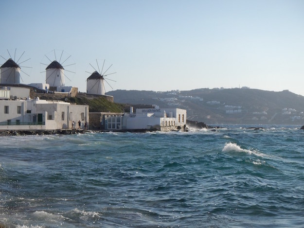Mykonos Greece windmills Sea Satin market