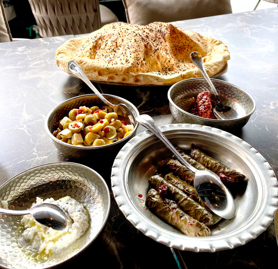 Grape Leaves with Cherries, Olives & Cheese and Turkish Puff Bread