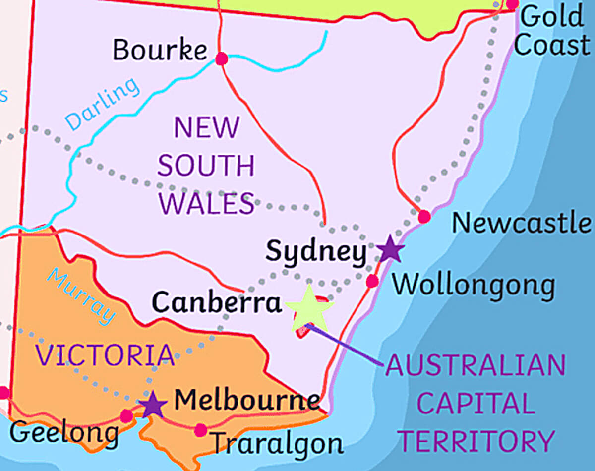 Map of Canberra vis-a-sis Melbourne and Sydney