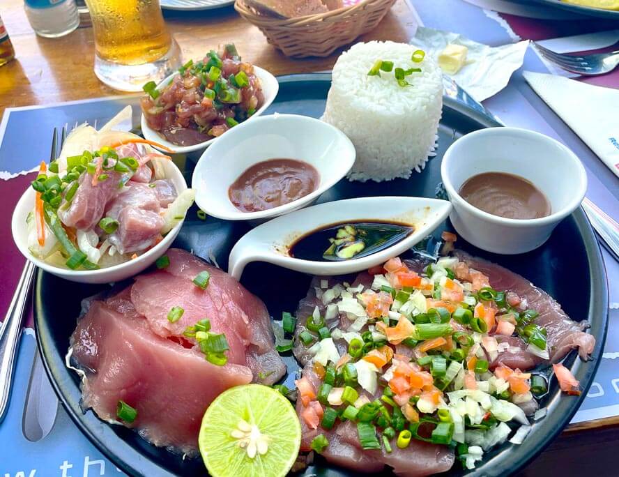 Poisson Cru, Tuna Tartare, Tuna Sashimi & Tuna Carpaccio. French Polynesia.