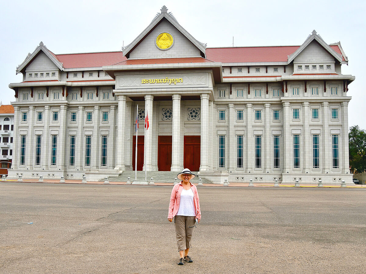 Alison in Front of the National Assembly of Laos