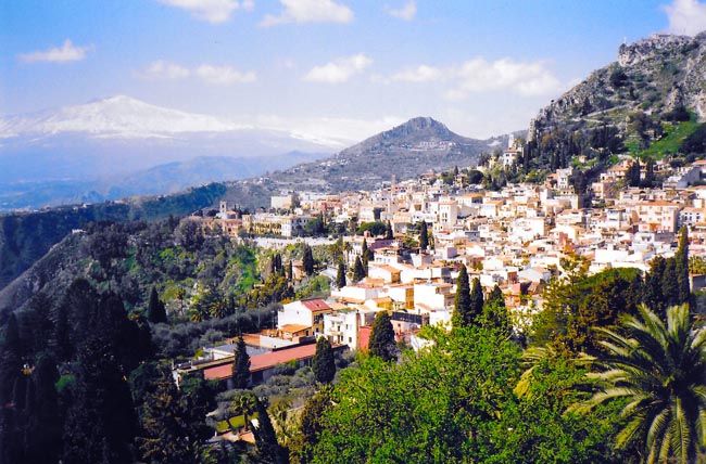 Taormina, Sicily with Mt. Etna in the background | Location: Taormina,  Italy